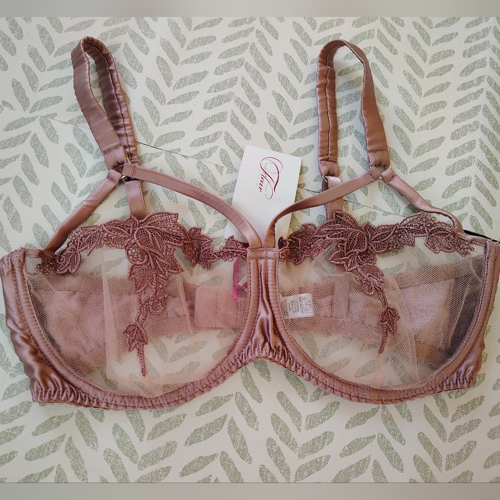 NWT Fleur of England Silk Lace Embroidered Bra in Dusty Rose